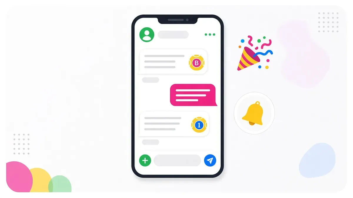 Illustration of a smartphone showing a text-message chat, with a party popper and a notification bell.